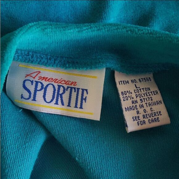 Large Vintage 90's Turquoise Velour Pullover Embroidered Crest Banded Bottom #Re - Picture 3 of 11